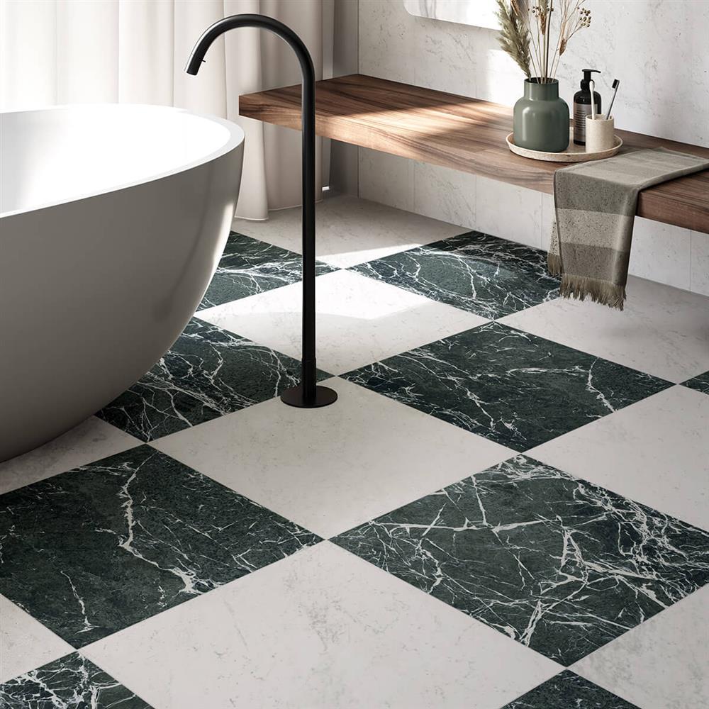 Firenza verde alpi and carrara checkerboard floor tiles